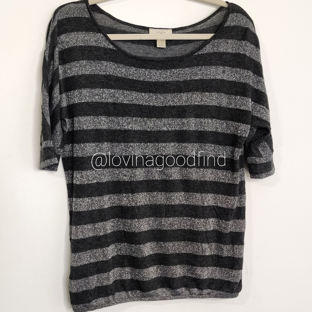Loft Black Striped Shimmer Knit Top EUC sz S